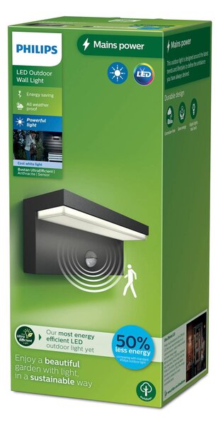 Philips LED applique da esterno Bustan UE, sensore, 4.000 K, Nero, Alluminio, Moderno