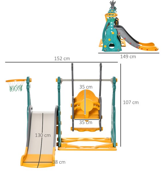 HOMCOM Scivolo per Bambini 18 Mesi-3 Anni con Altalena Regolabile e Canestro in HDPE Multicolore 152x149x107cm|Aosom