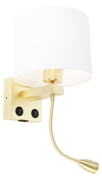 Applique da parete dorata con USB e paralume bianco 18 cm - Brescia Combi