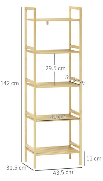 HOMCOM Scaffale Bagno a 5 Ripiani Regolabili in Altezza in Bambù, 43.5x31.5x142 cm, Legno Naturale