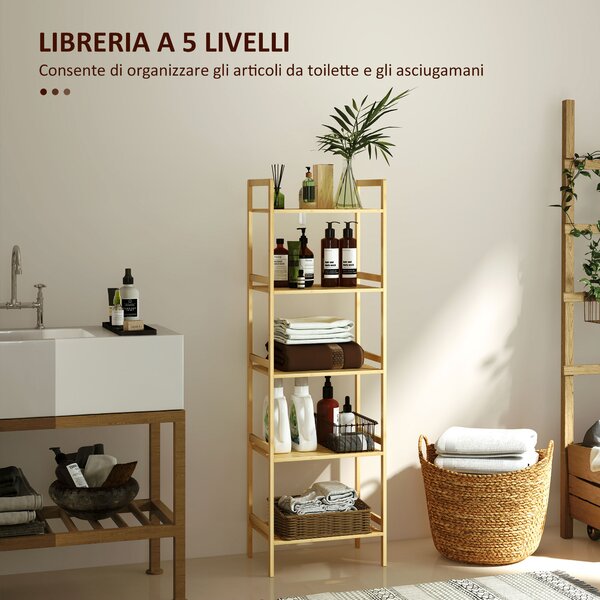 HOMCOM Scaffale Bagno a 5 Ripiani Regolabili in Altezza in Bambù, 43.5x31.5x142 cm, Legno Naturale