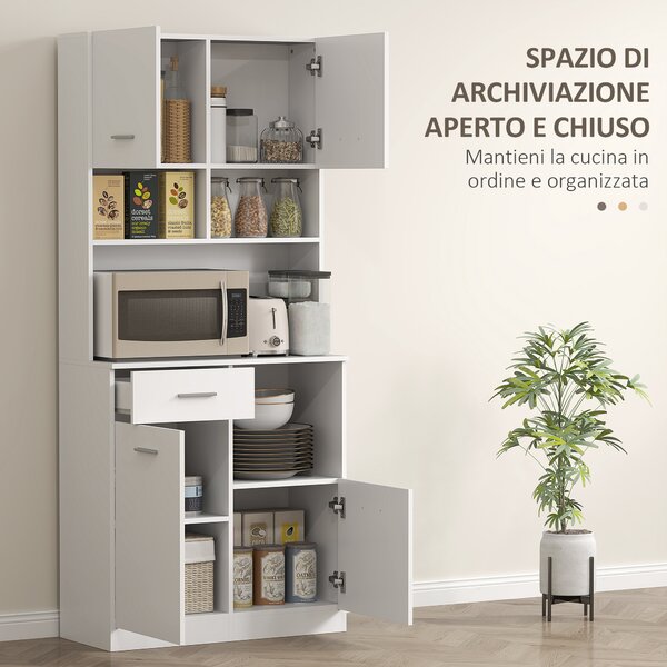 HOMCOM Mobile Dispensa in Legno con Cassetto, 4 Armadietti e 3 Ripiani Aperti, 80x35x180 cm, Bianco
