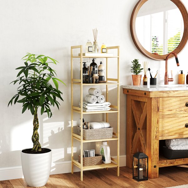 HOMCOM Scaffale Bagno a 5 Ripiani Regolabili in Altezza in Bambù, 43.5x31.5x142 cm, Legno Naturale