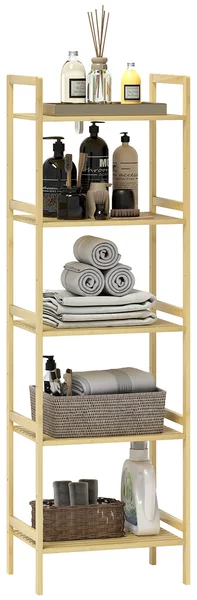 HOMCOM Scaffale Bagno a 5 Ripiani Regolabili in Altezza in Bambù, 43.5x31.5x142 cm, Legno Naturale