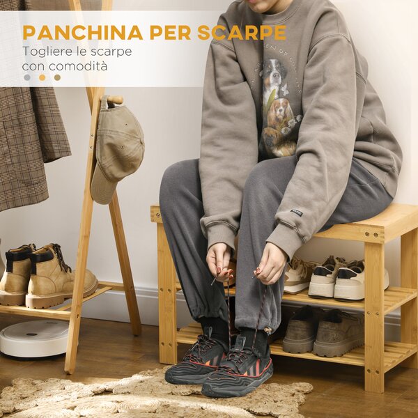 HOMCOM Panca Scarpiera Bassa in Bambù con 2 Ripiani a Doghe e Seduta, 70x28x45 cm, Naturale