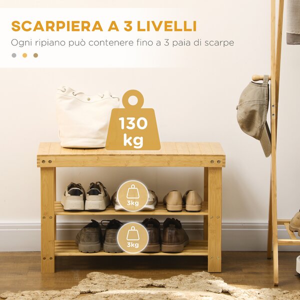 HOMCOM Panca Scarpiera Bassa in Bambù con 2 Ripiani a Doghe e Seduta, 70x28x45 cm, Naturale