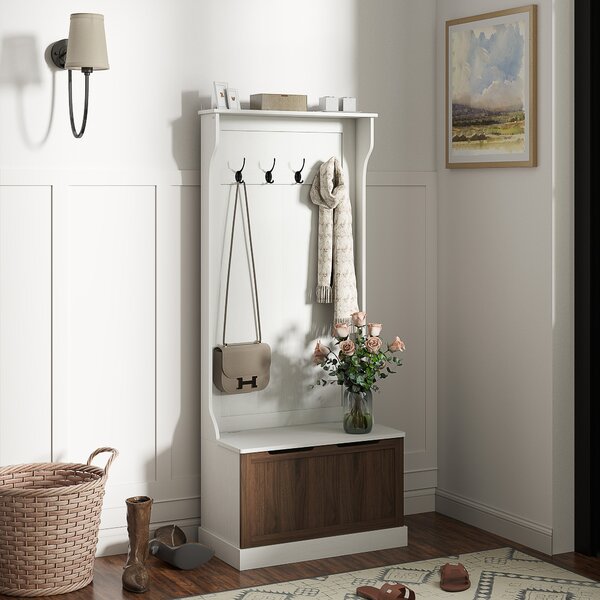 HOMCOM Mobile Appendiabiti 3 in 1 con 4 Ganci e Panca Contenitore, in Legno, 71.5x39.5x170 cm, Bianco