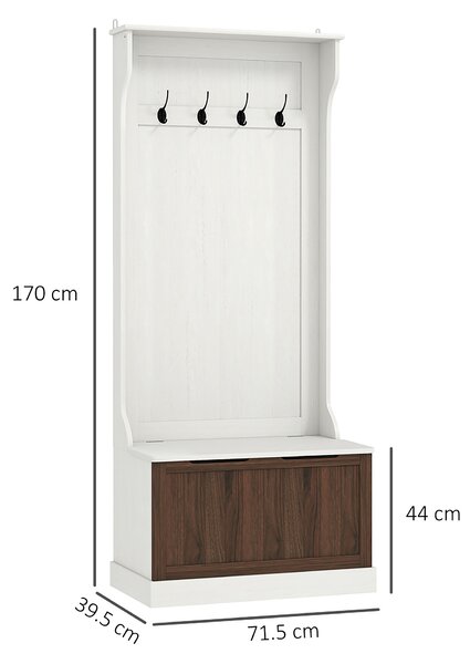 HOMCOM Mobile Appendiabiti 3 in 1 con 4 Ganci e Panca Contenitore, in Legno, 71.5x39.5x170 cm, Bianco
