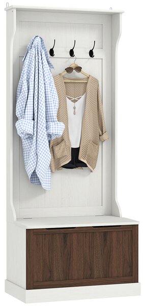HOMCOM Mobile Appendiabiti 3 in 1 con 4 Ganci e Panca Contenitore, in Legno, 71.5x39.5x170 cm, Bianco