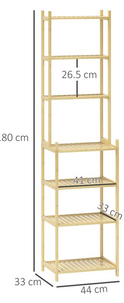 HOMCOM Mobile Scaffale Bagno a 7 Ripiani Portaoggetti in Bambù, 44x33x180 cm, Color Legno