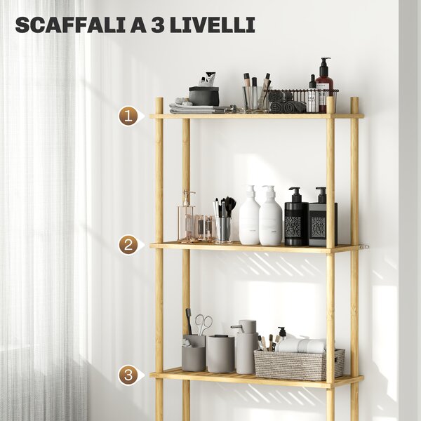 HOMCOM Mobile Sopra WC a 3 Ripiani a Doghe Salvaspazio in Bambù, 63.5x25.5x181 cm, color Legno