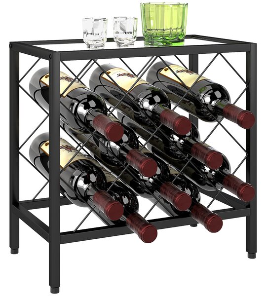 HOMCOM Scaffale Portabottiglie Vini con Piano d'Appoggio in Vetro, I piedini regolabili per 10 Bottiglie in Acciaio Nero, 41x22x4cm|Aosom Italy