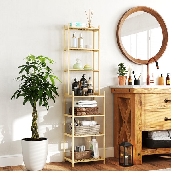 HOMCOM Mobile Scaffale Bagno a 7 Ripiani Portaoggetti in Bambù, 44x33x180 cm, Color Legno