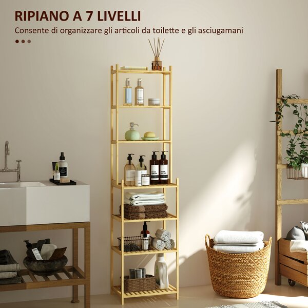 HOMCOM Mobile Scaffale Bagno a 7 Ripiani Portaoggetti in Bambù, 44x33x180 cm, Color Legno