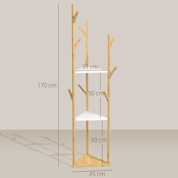 HOMCOM Albero Appendiabiti da Terra in Bambù con 8 Ganci e 3 Ripiani, Legno Naturale e Bianco