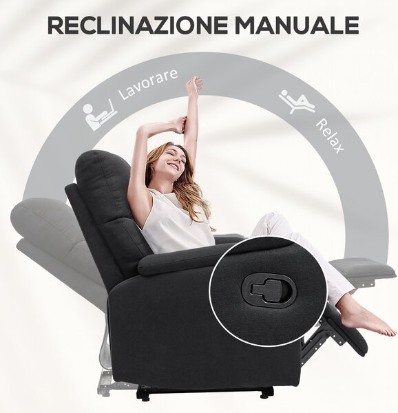HOMCOM Poltrona Reclinabile Manualmente a 60° Extra Imbottita in Tessuto con Poggiapiedi, Nero