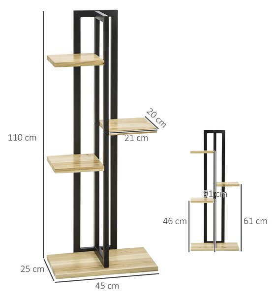 Outsunny Portapiante a 4 Ripiani dallo Stile Industriale in Legno di Abete e Metallo, 45x25x110 cm, Nero e color Legno