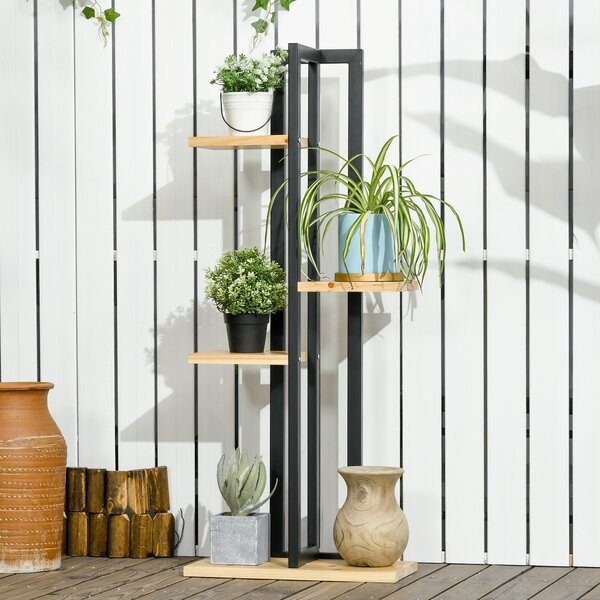 Outsunny Portapiante a 4 Ripiani dallo Stile Industriale in Legno di Abete e Metallo, 45x25x110 cm, Nero e color Legno