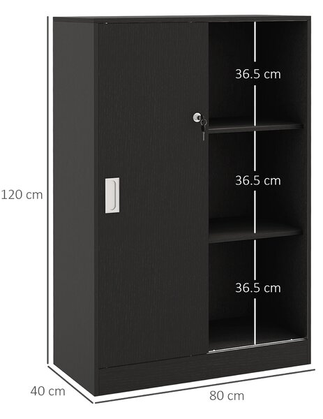 HOMCOM Armadietto da Ufficio a 3 Ripiani con 2 Chiavi di Sicurezza e Ante Scorrevoli, 80x40x120 cm, Nero