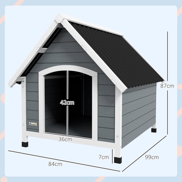 PawHut Cuccia per Cani in Legno da Esterno, Casetta per Cani Grandi con Pavimento Rimovibile, 84x99x87cm, Grigio