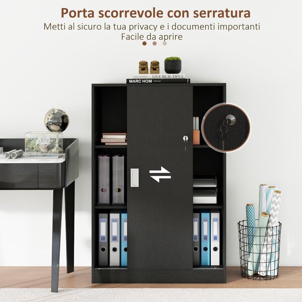 HOMCOM Armadietto da Ufficio a 3 Ripiani con 2 Chiavi di Sicurezza e Ante Scorrevoli, 80x40x120 cm, Nero