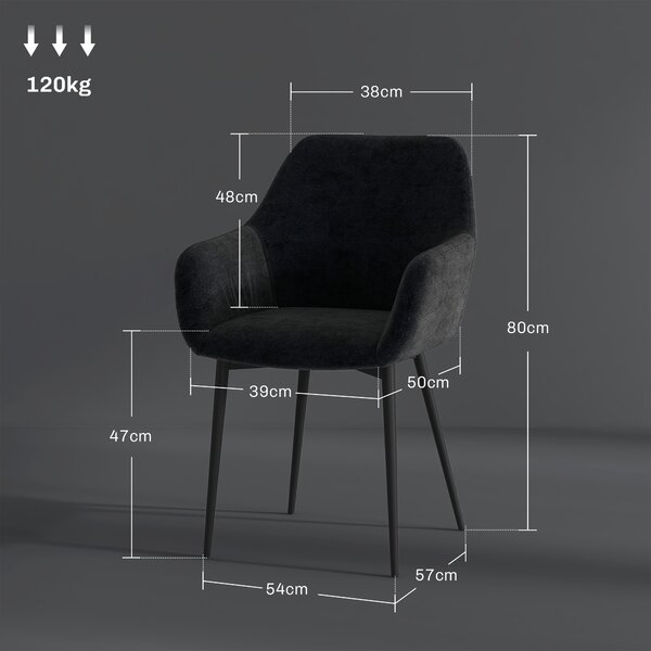 HOMCOM Set 2 Sedie per Sala da Pranzo Moderne con Braccioli, Seduta Imbottita e Gambe in Acciaio, 54x57x80cm, Nero