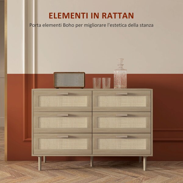 HOMCOM Cassettiera 6 Cassetti in Rattan con Gambe in Legno, Settimino per Soggiorno e Camera da Letto, 110x40x75 cm, Legno Naturale | Aosom Italy