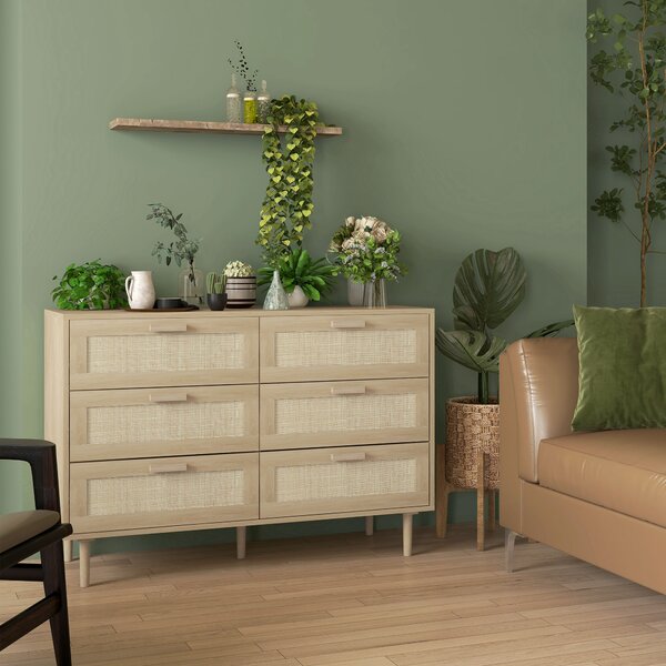 HOMCOM Cassettiera 6 Cassetti in Rattan con Gambe in Legno, Settimino per Soggiorno e Camera da Letto, 110x40x75 cm, Legno Naturale | Aosom Italy