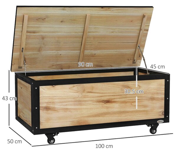 Outsunny Panca Contenitore da 121L con 4 Rotelle e Maniglie in Legno e Acciaio, 100x50x43cm, Colore Legno|Aosom