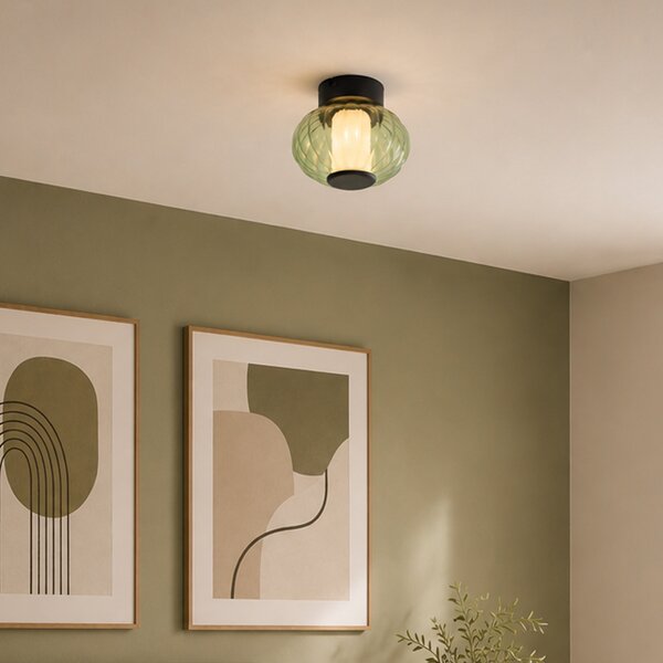 Plafoniera di design nera 18cm con vetro verde incl. LED dimmerabile a 3 fasi - Margherite