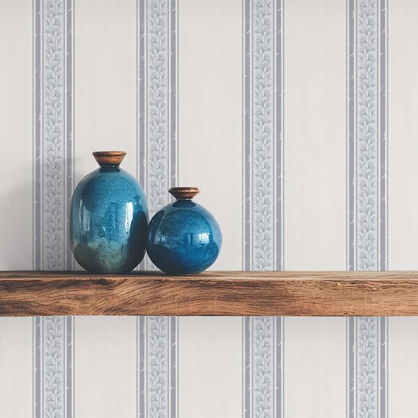 Carta da parati Righe azzurro-grigie con foglie, Parati geometrica classici, Parati geometrica a righe classici, a01249v1 : Uwalls.it