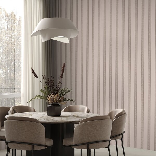 Carta da parati Delicate righe rosa e beige con foglie, Parati geometrica classici, Parati geometrica a righe classici, a01249 : Uwalls.it