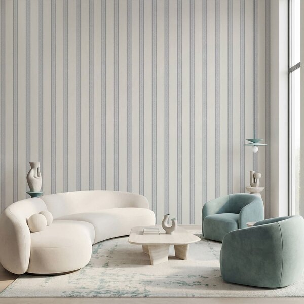 Carta da parati Righe azzurro-grigie con foglie, Parati geometrica classici, Parati geometrica a righe classici, a01249v1 : Uwalls.it