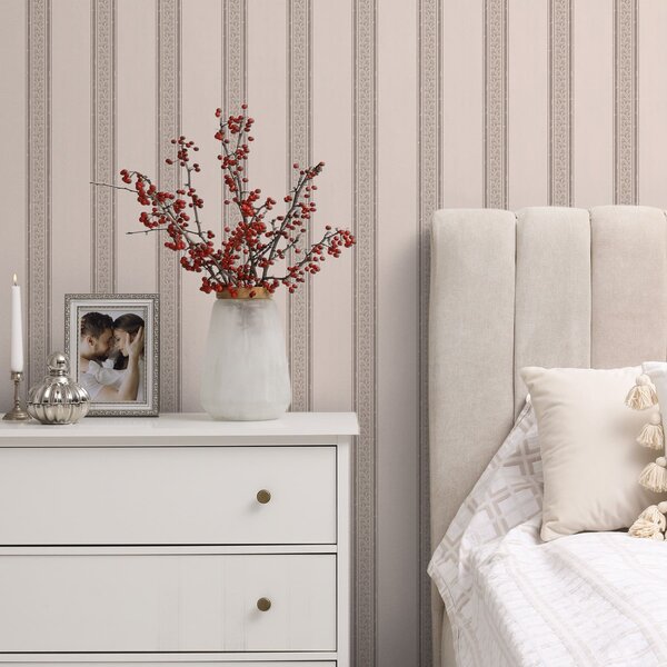 Carta da parati Delicate righe rosa e beige con foglie, Parati geometrica classici, Parati geometrica a righe classici, a01249 : Uwalls.it