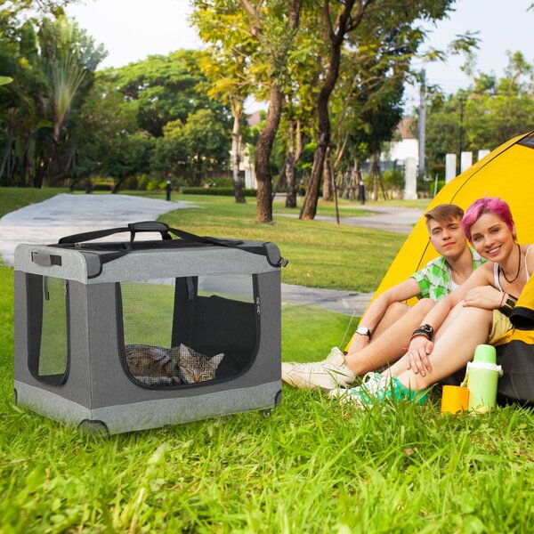 Costway Recinto pieghevole per gatti con tracolla cuscino rimovibile borsa di Stoccaggio ruote, Box da viaggio portatile