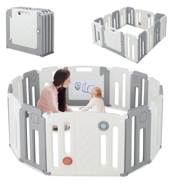 Costway Box per bambini con 12+2 pannelli con cancello di sicurezza penna gioco lavagna, Centro attività pieghevole Beige