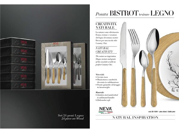 Servizio Posate set 24 pezzi 6 posti tavola WOOD Collection 18/10 in confezione regalo lavabili in lavastoviglie colore naturale pino chiaro