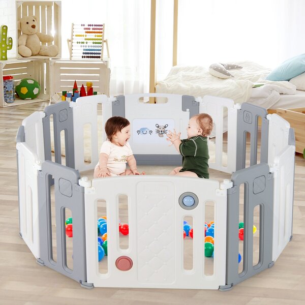Costway Box per bambini con 12+2 pannelli con cancello di sicurezza penna gioco lavagna, Centro attività pieghevole Beige
