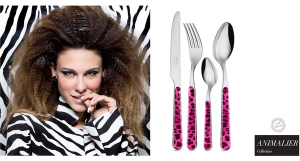 Posate colorate set 24 pezzi 6 posti tavola Animalier collection , Stile Contemporaneo Urban , 18/10 in confezione regalo lavabili in lavastoviglie Leopardato Fucsia