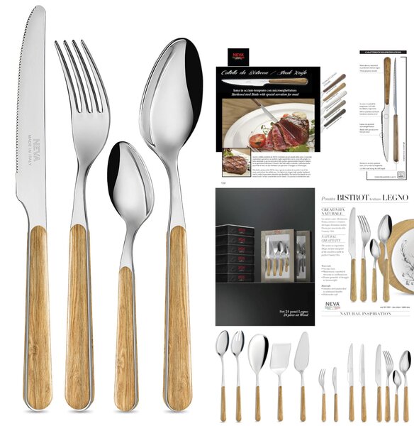 Servizio Posate set 24 pezzi 6 posti tavola WOOD Collection 18/10 in confezione regalo lavabili in lavastoviglie colore naturale pino chiaro