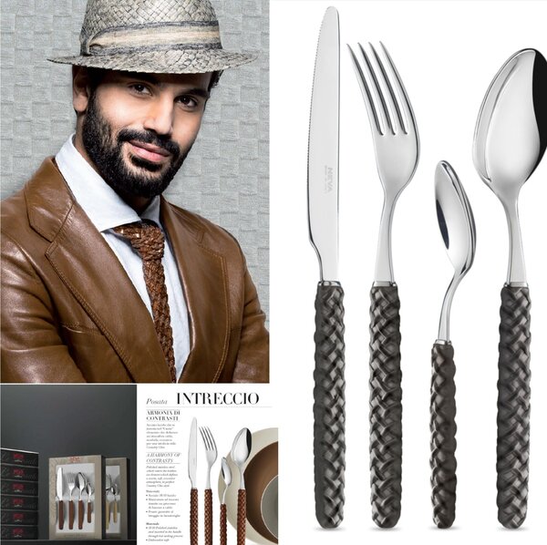 Servizio Posate set 24 pezzi 6 posti tavola Intreccio Nero Acciaio e Cuoio Country Vintage 18/10 in confezione regalo lavabili in lavastoviglie