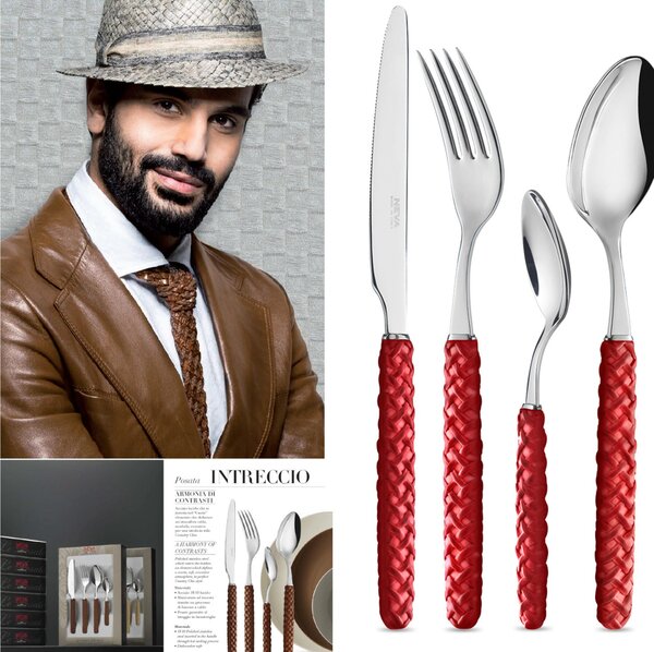 Servizio Posate set 24 pezzi 6 posti tavola Intreccio Rosso Acciaio e Cuoio Country Vintage 18/10 in confezione regalo lavabili in lavastoviglie