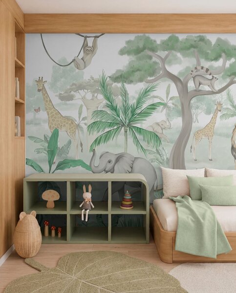 Carta da parati Panorama della giungla con animali nei toni del verde, Carta da parati per Bambini, w03444v2 : Uwalls.it