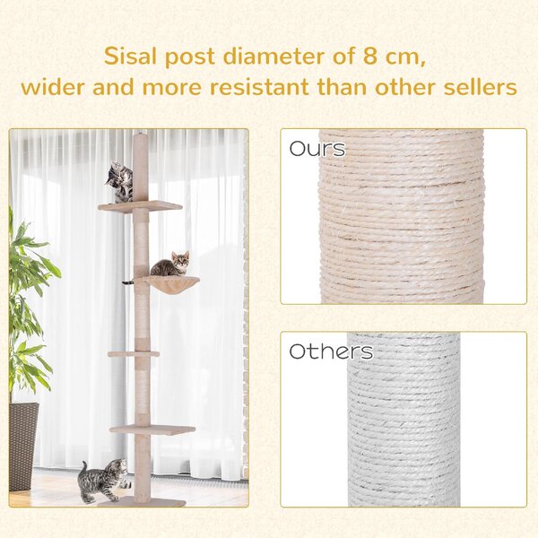 AllMyPets Albero Tiragraffi Multilivello a Soffitto con Amaca e Altezza Regolabile 40x34x230-260 cm colore Beige - D3DH9CWBEI