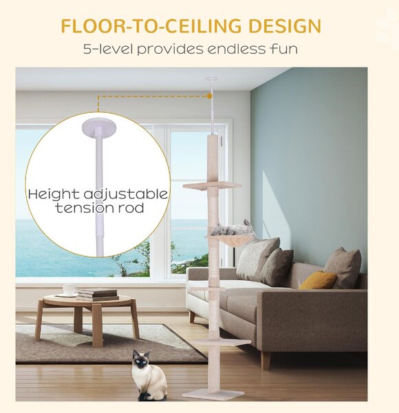 AllMyPets Albero Tiragraffi Multilivello a Soffitto con Amaca e Altezza Regolabile 40x34x230-260 cm colore Beige - D3DH9CWBEI