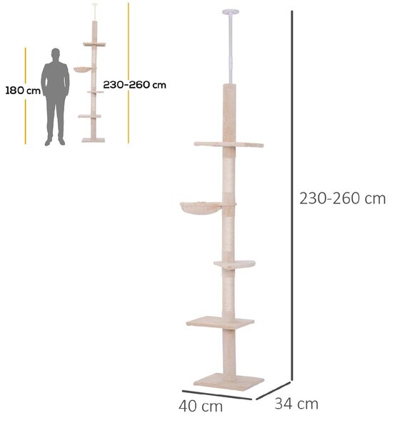 AllMyPets Albero Tiragraffi Multilivello a Soffitto con Amaca e Altezza Regolabile 40x34x230-260 cm colore Beige - D3DH9CWBEI