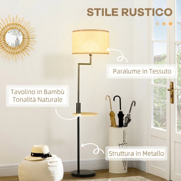 HOMCOM Lampada da Terra con Mensola Integrata in Bambù, Paralume in Tessuto Effetto Lino, Base in Acciaio, Nero e Beige | Aosom Italy