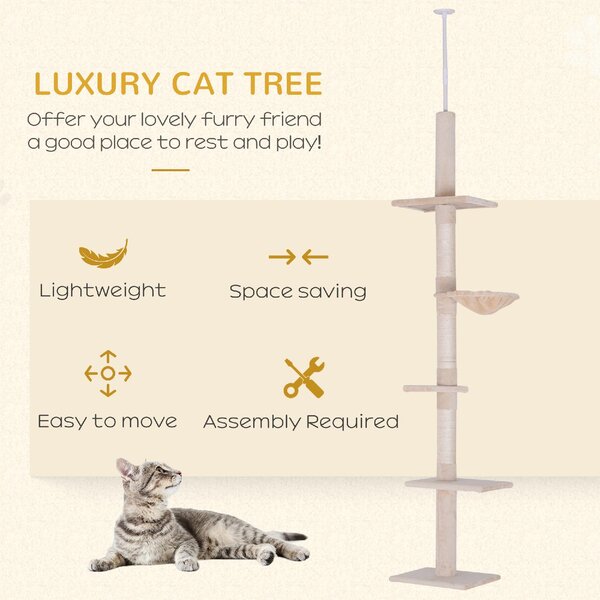 AllMyPets Albero Tiragraffi Multilivello a Soffitto con Amaca e Altezza Regolabile 40x34x230-260 cm colore Beige - D3DH9CWBEI