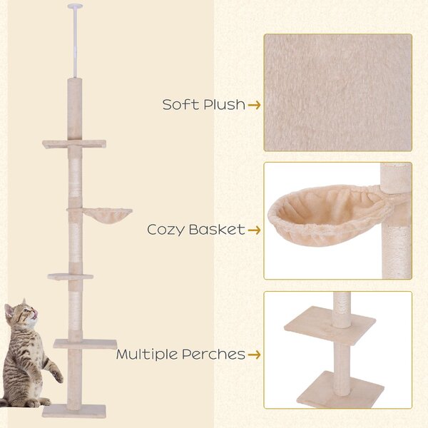 AllMyPets Albero Tiragraffi Multilivello a Soffitto con Amaca e Altezza Regolabile 40x34x230-260 cm colore Beige - D3DH9CWBEI