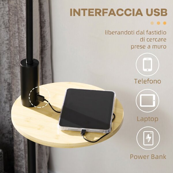 HOMCOM Lampada da Terra con Mensola Integrata in Bambù, Paralume in Tessuto Effetto Lino, Base in Acciaio, Nero e Beige | Aosom Italy